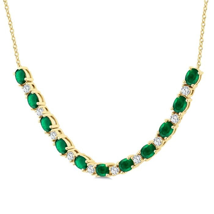 4X3 MM Oval Shape Emerald and 1/2 Ctw Round Cut Diamond Precious Tennis Necklace in 14K Yellow Gold