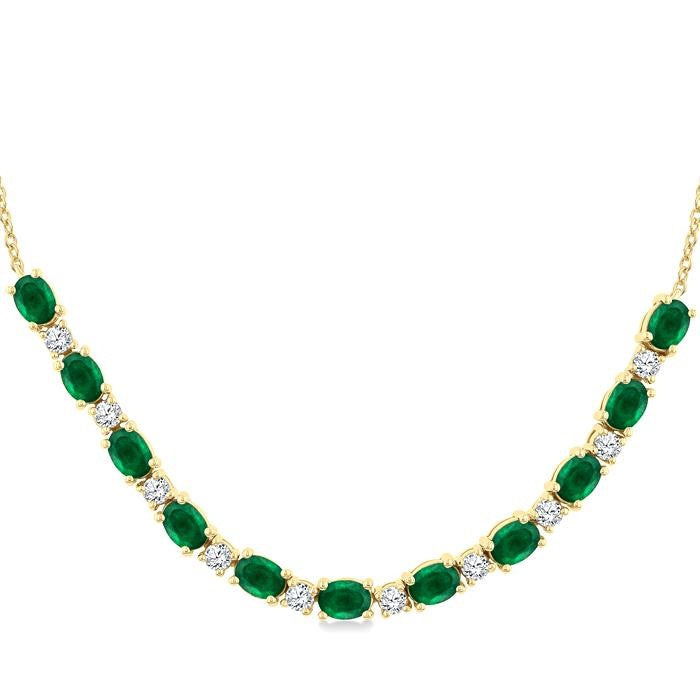 4X3 MM Oval Shape Emerald and 1/2 Ctw Round Cut Diamond Precious Tennis Necklace in 14K Yellow Gold