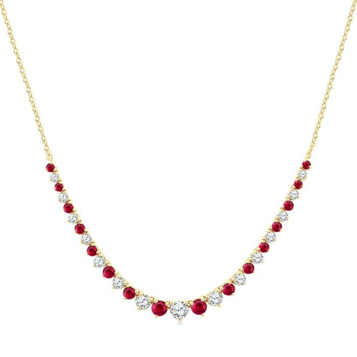 1.7 MM - 3 MM Round Shape Ruby and 3/4 Ctw Round Cut Diamond Precious Riviera Necklace in 14K Yellow Gold