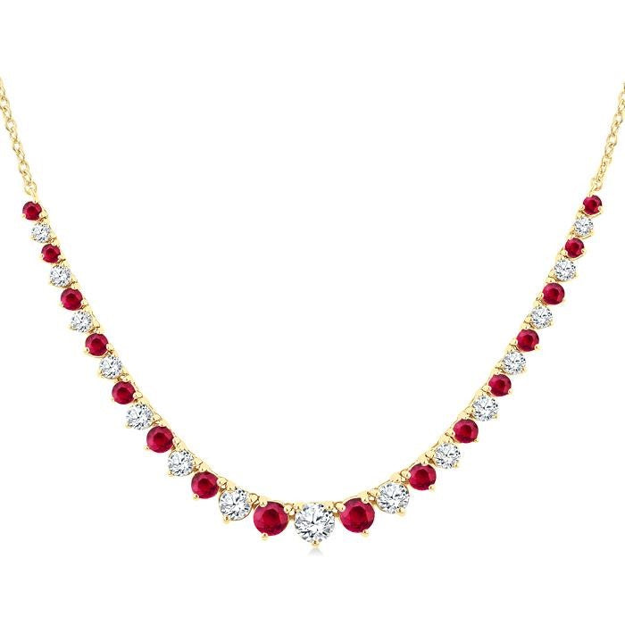 1.7 MM - 3 MM Round Shape Ruby and 3/4 Ctw Round Cut Diamond Precious Riviera Necklace in 14K Yellow Gold
