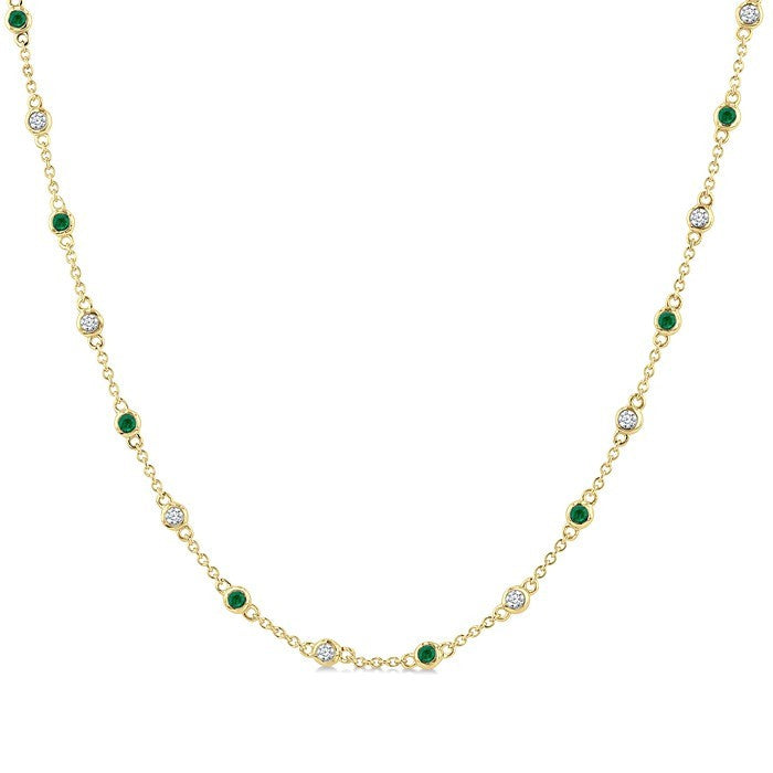 1.9 MM Round Shape Emerald and 1/2 Ctw Round Cut Diamond Precious Station Necklace in 14K Yellow Gold
