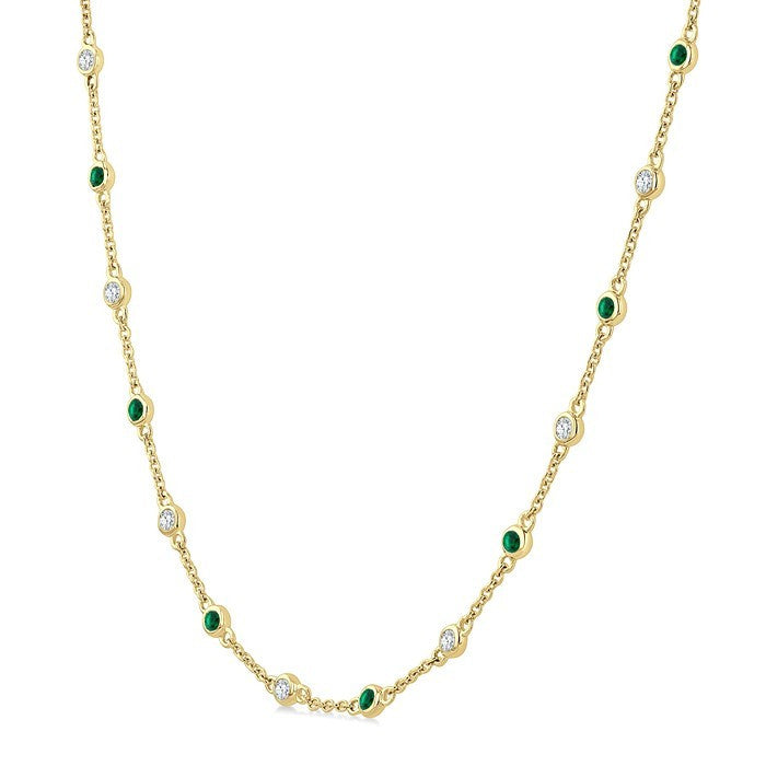 1.9 MM Round Shape Emerald and 1/2 Ctw Round Cut Diamond Precious Station Necklace in 14K Yellow Gold
