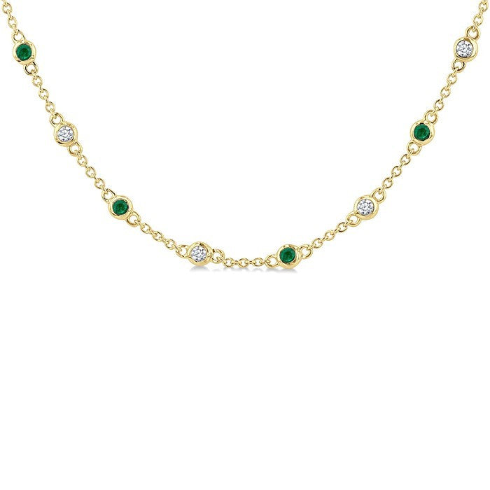 1.9 MM Round Shape Emerald and 1/2 Ctw Round Cut Diamond Precious Station Necklace in 14K Yellow Gold