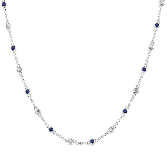 1.90MM Sapphire and 1/2 Ctw Round Cut Diamond Precious Station Necklace in 14K White Gold