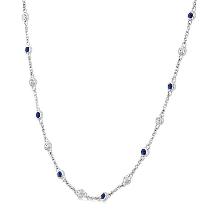 1.90MM Sapphire and 1/2 Ctw Round Cut Diamond Precious Station Necklace in 14K White Gold