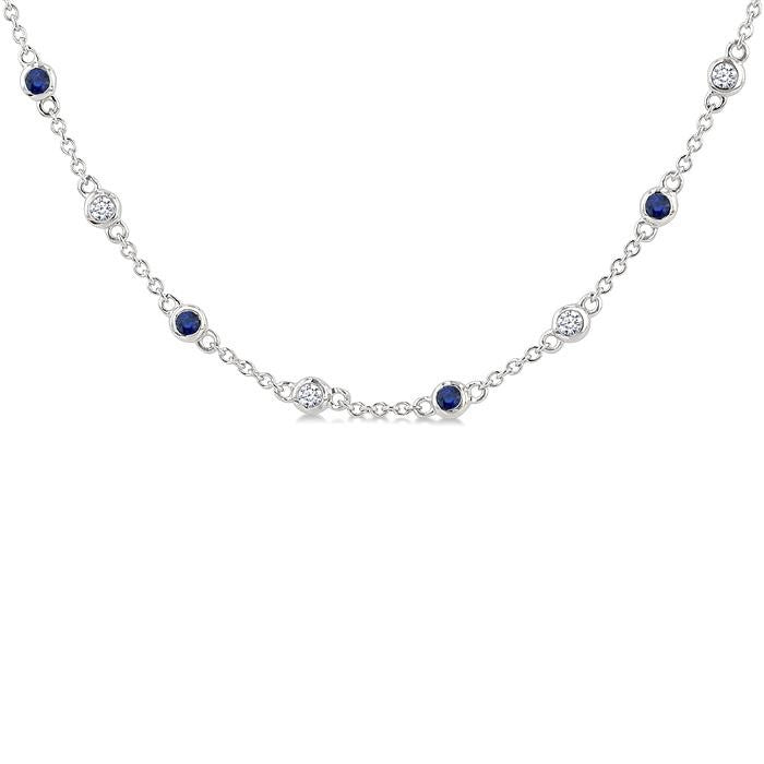 1.90MM Sapphire and 1/2 Ctw Round Cut Diamond Precious Station Necklace in 14K White Gold