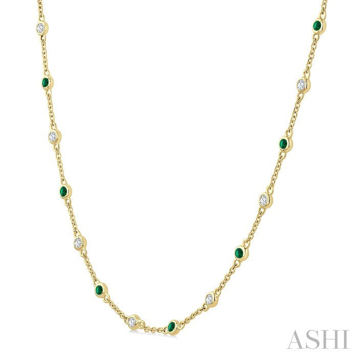 1.9 MM Round Shape Emerald and 1/2 Ctw Round Cut Diamond Precious Station Necklace in 14K Yellow Gold