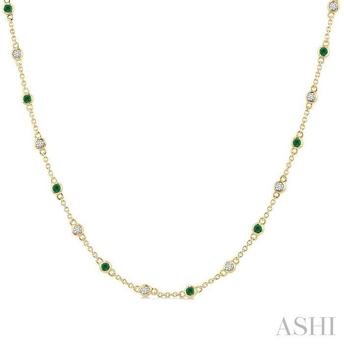 1.9 MM Round Shape Emerald and 1/2 Ctw Round Cut Diamond Precious Station Necklace in 14K Yellow Gold
