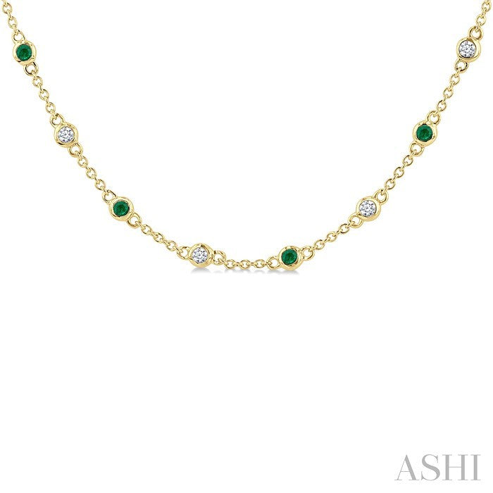 1.9 MM Round Shape Emerald and 1/2 Ctw Round Cut Diamond Precious Station Necklace in 14K Yellow Gold
