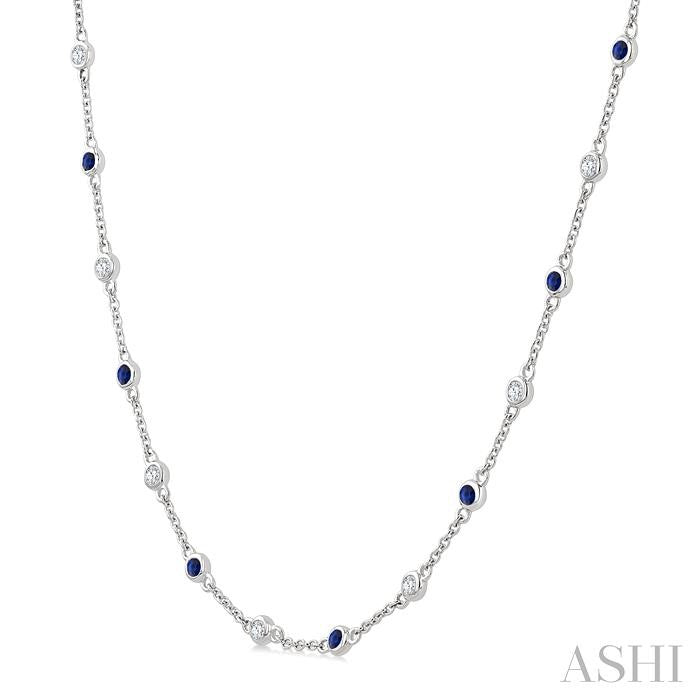 1.90MM Sapphire and 1/2 Ctw Round Cut Diamond Precious Station Necklace in 14K White Gold
