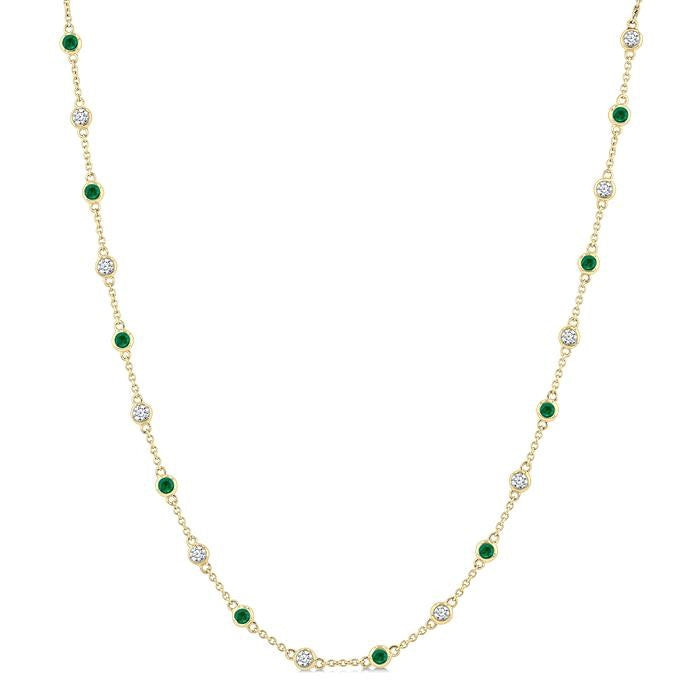 2.40 MM Round Shape Emerald and 7/8 Ctw Round Cut Diamond Precious Station Necklace in 14K Yellow Gold