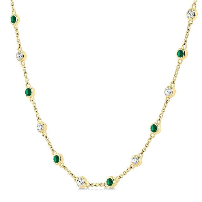 2.40 MM Round Shape Emerald and 7/8 Ctw Round Cut Diamond Precious Station Necklace in 14K Yellow Gold