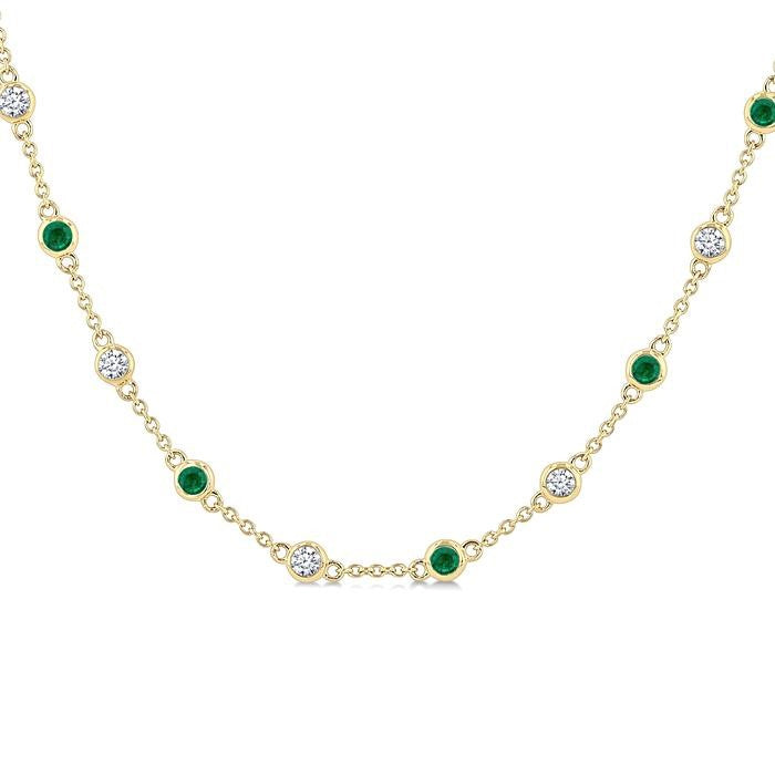 2.40 MM Round Shape Emerald and 7/8 Ctw Round Cut Diamond Precious Station Necklace in 14K Yellow Gold