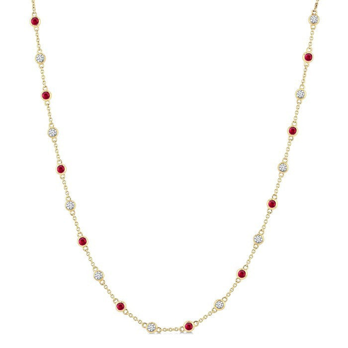 2.4 MM Round Shape Ruby and 7/8 Ctw Round Cut Diamond Precious Station Necklace in 14K Yellow Gold