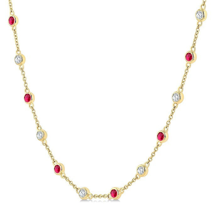 2.4 MM Round Shape Ruby and 7/8 Ctw Round Cut Diamond Precious Station Necklace in 14K Yellow Gold