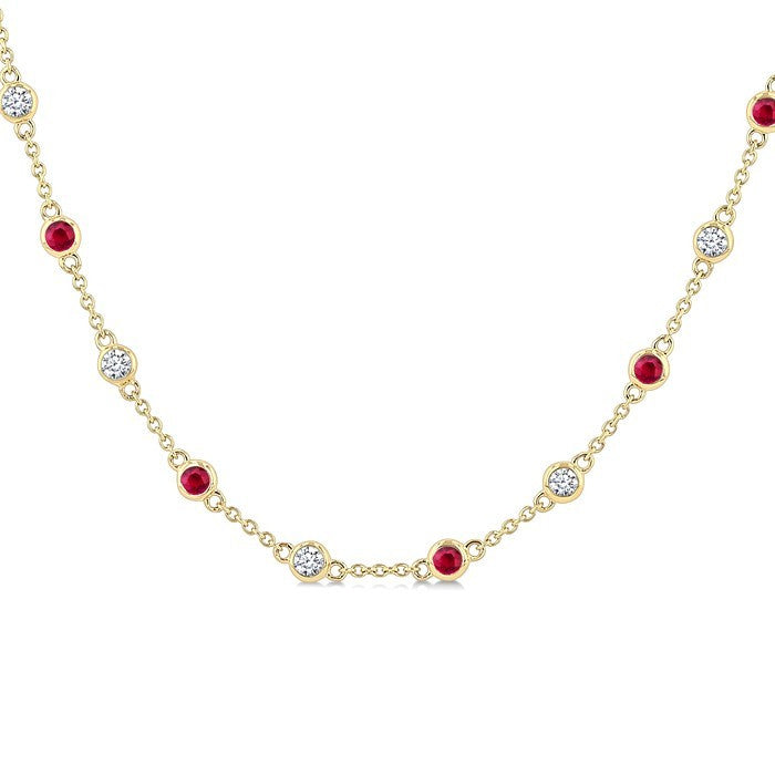 2.4 MM Round Shape Ruby and 7/8 Ctw Round Cut Diamond Precious Station Necklace in 14K Yellow Gold