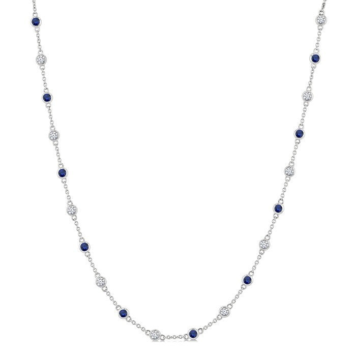 2.4 MM Round Shape Sapphire and 7/8 Ctw Round Cut Diamond Precious Station Necklace in 14K White Gold
