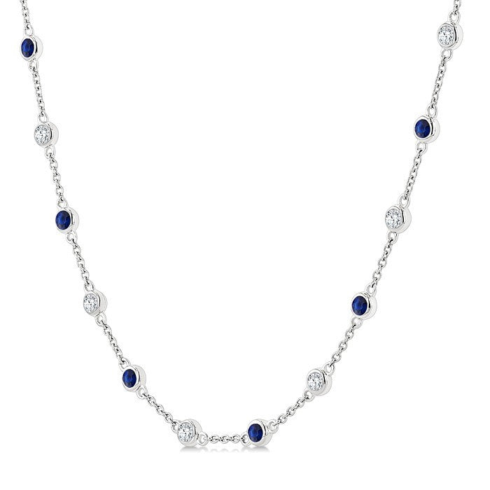 2.4 MM Round Shape Sapphire and 7/8 Ctw Round Cut Diamond Precious Station Necklace in 14K White Gold