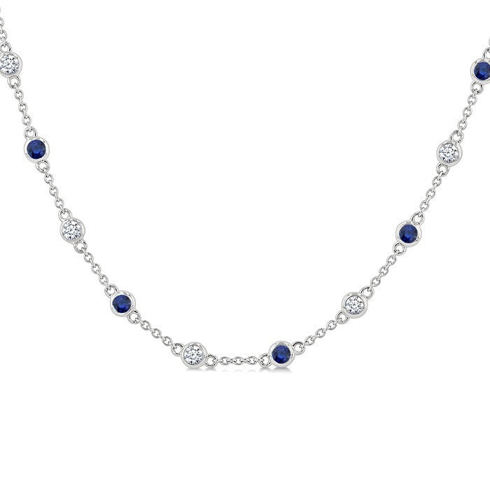 2.4 MM Round Shape Sapphire and 7/8 Ctw Round Cut Diamond Precious Station Necklace in 14K White Gold