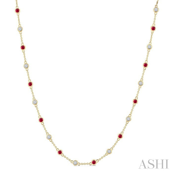 2.4 MM Round Shape Ruby and 7/8 Ctw Round Cut Diamond Precious Station Necklace in 14K Yellow Gold