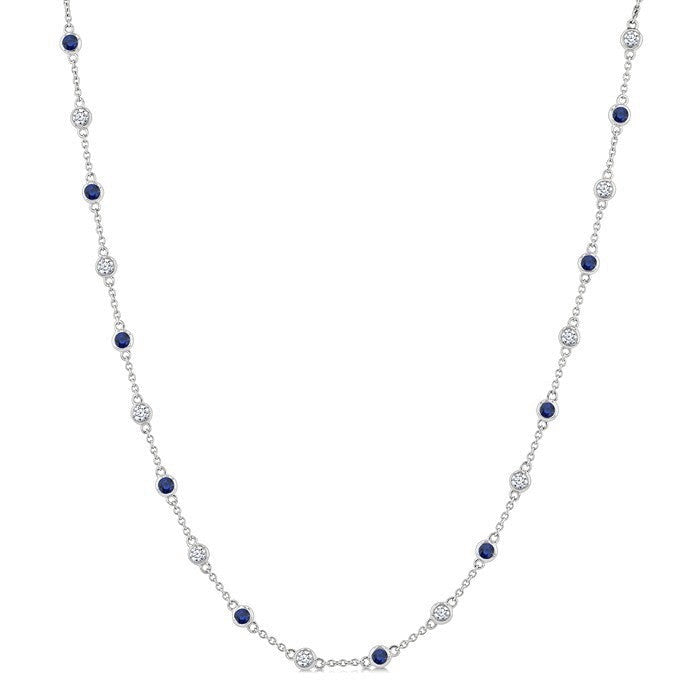 2.4 MM Round Shape Sapphire and 7/8 Ctw Round Cut Diamond Precious Station Necklace in 14K White Gold