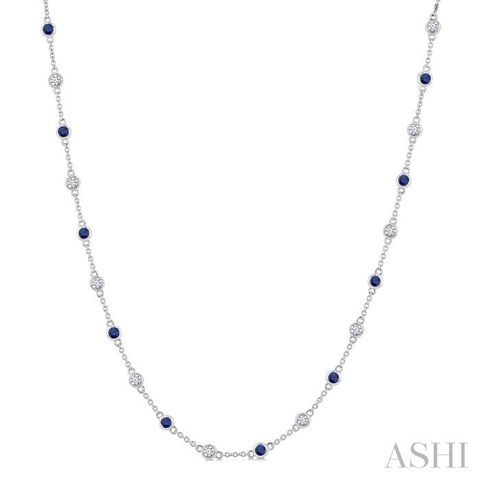 2.4 MM Round Shape Sapphire and 7/8 Ctw Round Cut Diamond Precious Station Necklace in 14K White Gold