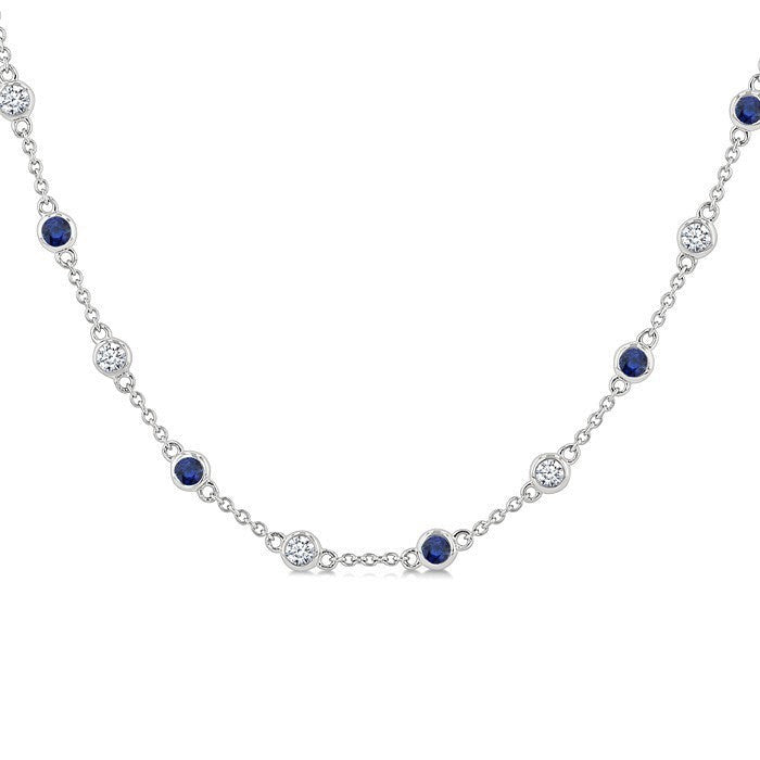 2.4 MM Round Shape Sapphire and 7/8 Ctw Round Cut Diamond Precious Station Necklace in 14K White Gold
