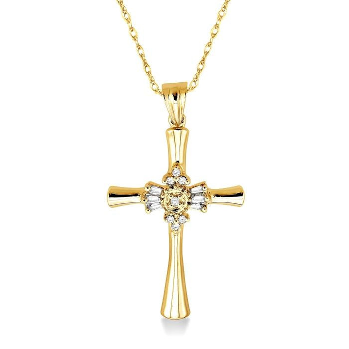 1/6 Ctw Baguette and Round Cut Diamond Cross Pendant in 14K Yellow Gold with Chain