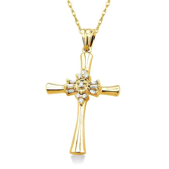 1/6 Ctw Baguette and Round Cut Diamond Cross Pendant in 14K Yellow Gold with Chain