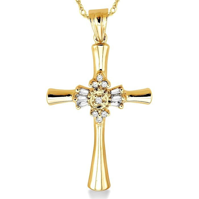 1/6 Ctw Baguette and Round Cut Diamond Cross Pendant in 14K Yellow Gold with Chain