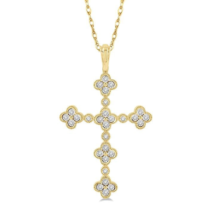 1/8 Ctw Floral Cross Round Cut Diamond Pendant With Link Chain in 10K Yellow Gold