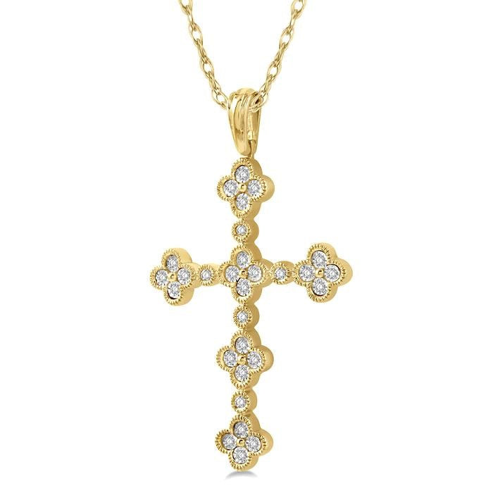 1/8 Ctw Floral Cross Round Cut Diamond Pendant With Link Chain in 10K Yellow Gold