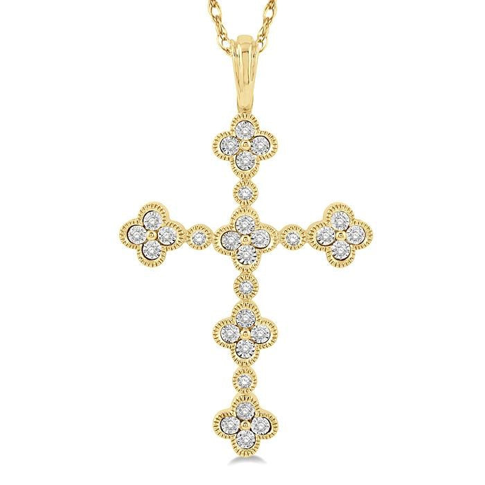 1/8 Ctw Floral Cross Round Cut Diamond Pendant With Link Chain in 10K Yellow Gold