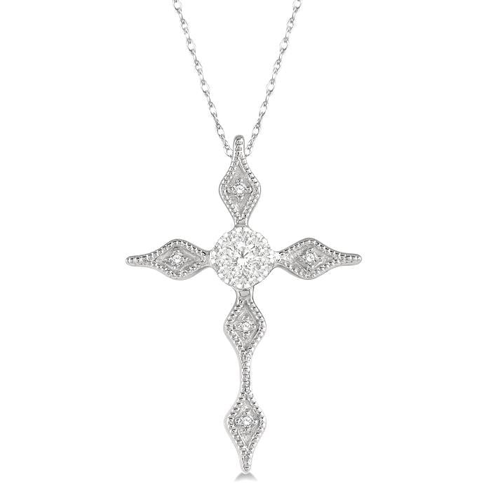 1/8 Ctw Pointed Tip Marquise Cross Charm Round Cut Diamond Pendant With Chain in 14K White Gold