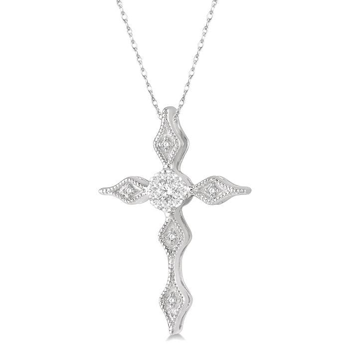1/8 Ctw Pointed Tip Marquise Cross Charm Round Cut Diamond Pendant With Chain in 14K White Gold