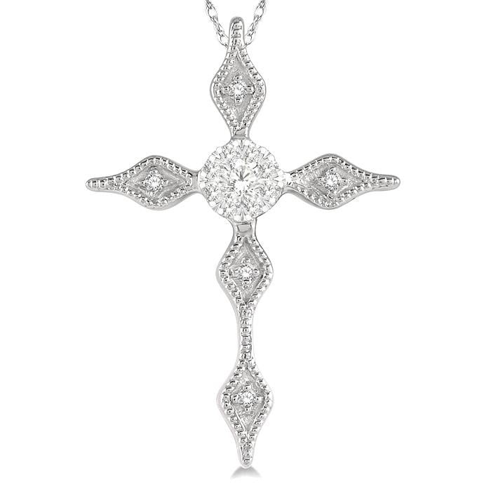 1/8 Ctw Pointed Tip Marquise Cross Charm Round Cut Diamond Pendant With Chain in 14K White Gold