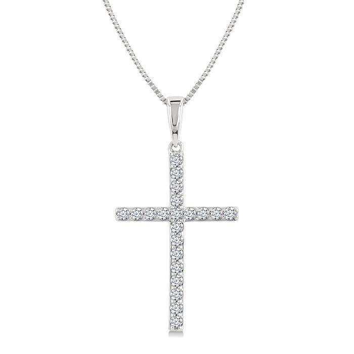 1/4 Ctw Round Cut Diamond Cross Fashion Pendant With Chain in 14K White Gold