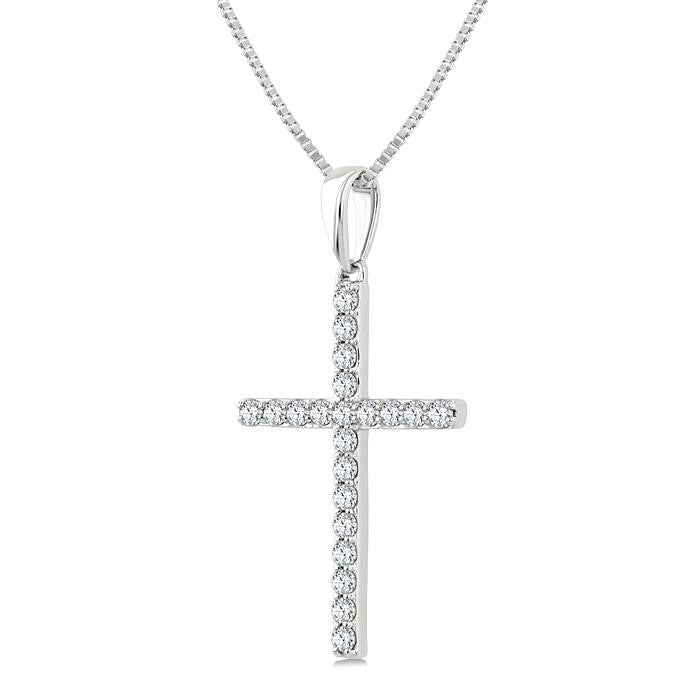 1/4 Ctw Round Cut Diamond Cross Fashion Pendant With Chain in 14K White Gold
