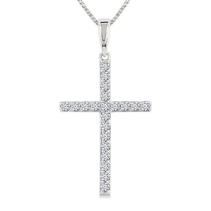 1/4 Ctw Round Cut Diamond Cross Fashion Pendant With Chain in 14K White Gold