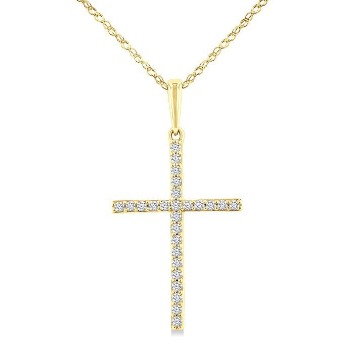 1/10 Ctw Round Cut Diamond Petite Cross Fashion Pendant With Chain in 10K Yellow Gold
