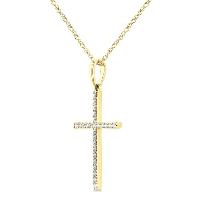 1/10 Ctw Round Cut Diamond Petite Cross Fashion Pendant With Chain in 10K Yellow Gold