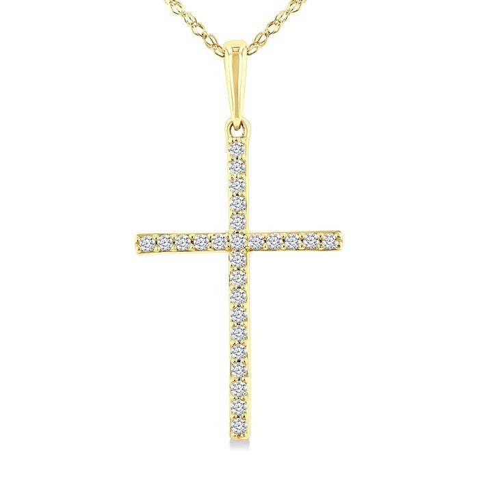1/10 Ctw Round Cut Diamond Petite Cross Fashion Pendant With Chain in 10K Yellow Gold