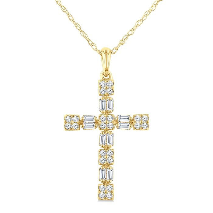 1/3 Ctw Geometric Cross Fusion Baguette and Round Cut Diamond Fashion Pendant With Chain in 14K Yellow Gold