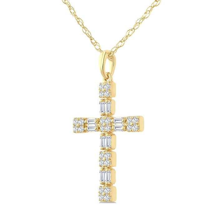 1/3 Ctw Geometric Cross Fusion Baguette and Round Cut Diamond Fashion Pendant With Chain in 14K Yellow Gold