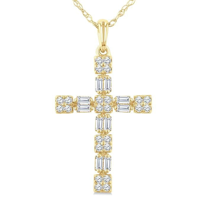 1/3 Ctw Geometric Cross Fusion Baguette and Round Cut Diamond Fashion Pendant With Chain in 14K Yellow Gold