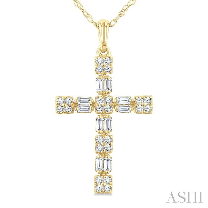 1/3 Ctw Geometric Cross Fusion Baguette and Round Cut Diamond Fashion Pendant With Chain in 14K Yellow Gold