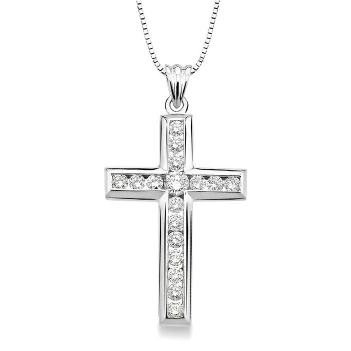 1 Ctw Round Cut Diamond Cross Pendant in 14K White Gold with Chain
