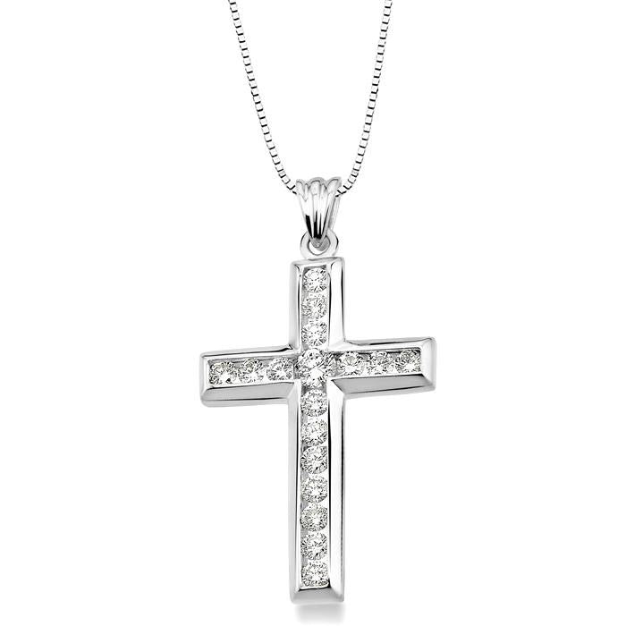 1 Ctw Round Cut Diamond Cross Pendant in 14K White Gold with Chain