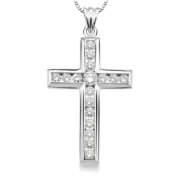 1 Ctw Round Cut Diamond Cross Pendant in 14K White Gold with Chain