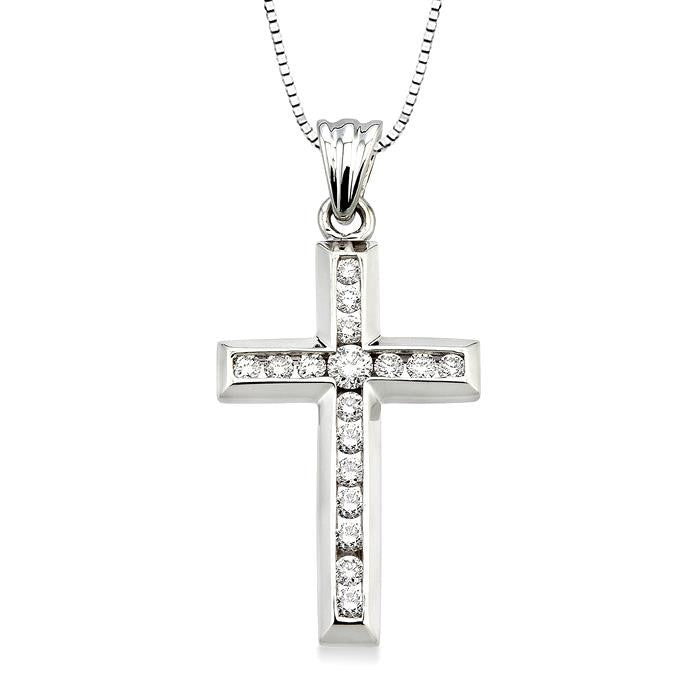 1/2 Ctw Round Cut Diamond Cross Pendant in 14K White Gold with Chain